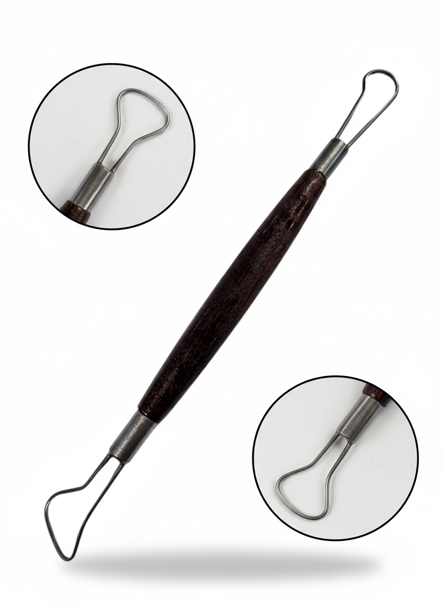 Art Clay Tool Single End with dark wood handle and stainless steel double-ended looped sculpting ends, shown with detail magnification circles