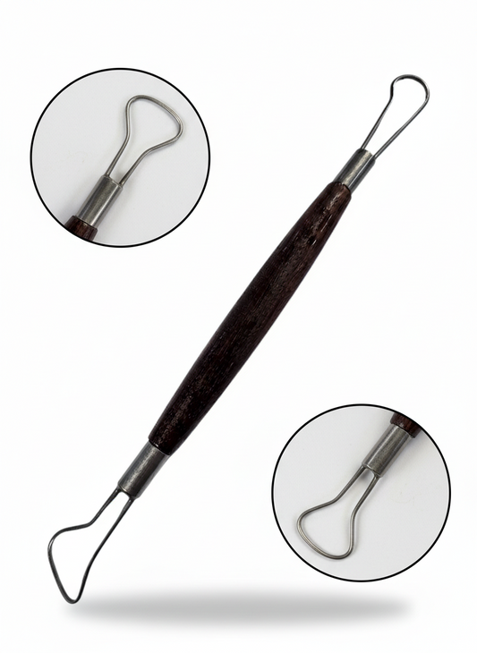 Art Clay Tool Single End with dark wood handle and stainless steel double-ended looped sculpting ends, shown with detail magnification circles