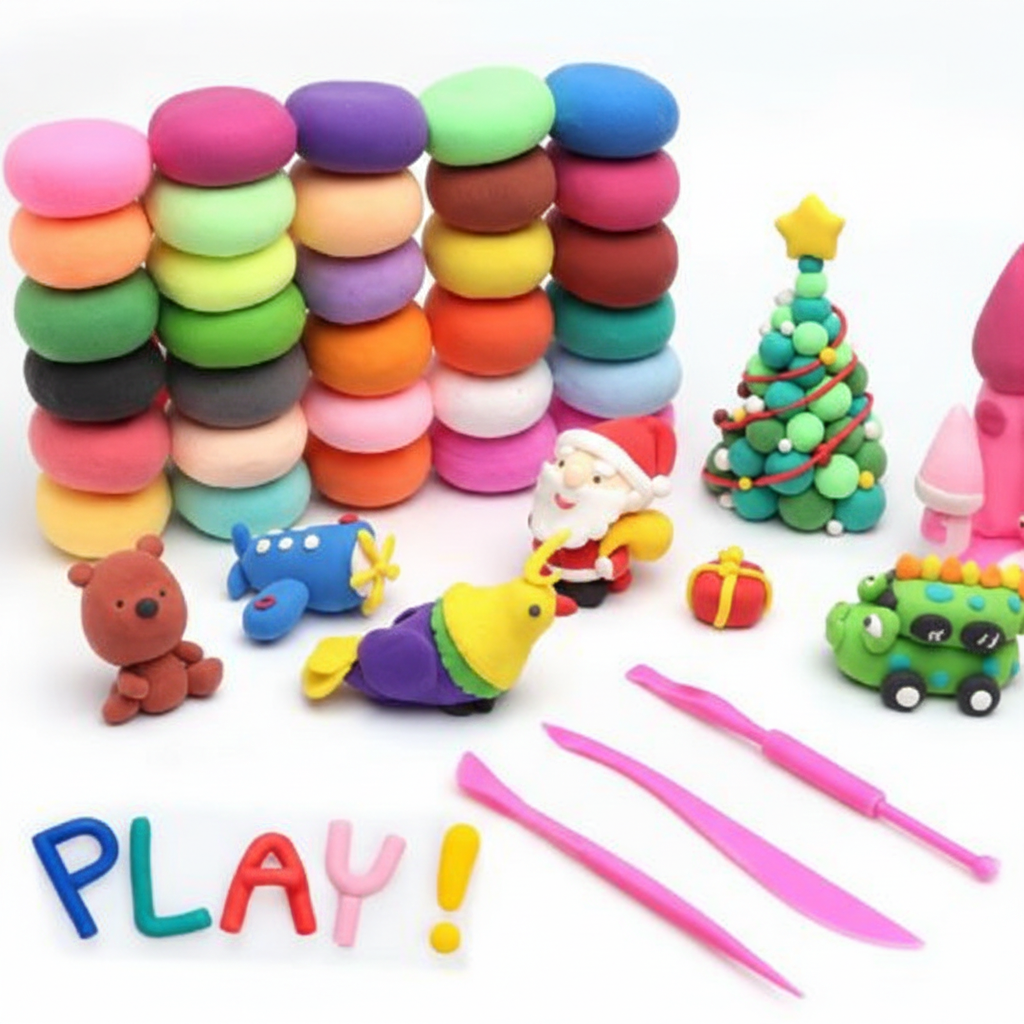 Art Clay Tools Kids set featuring 50+ colorful stacked clay discs, pink modeling tools, toy figures, Christmas tree, Santa, bear, airplane, car, and gift box accessories