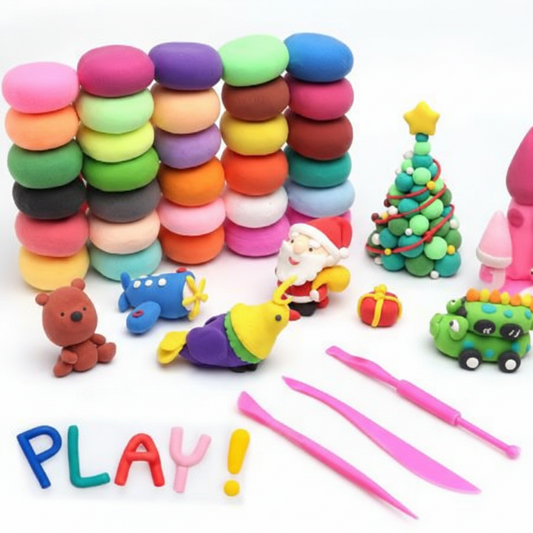 Art Clay Tools Kids set featuring 50+ colorful stacked clay discs, pink modeling tools, toy figures, Christmas tree, Santa, bear, airplane, car, and gift box accessories