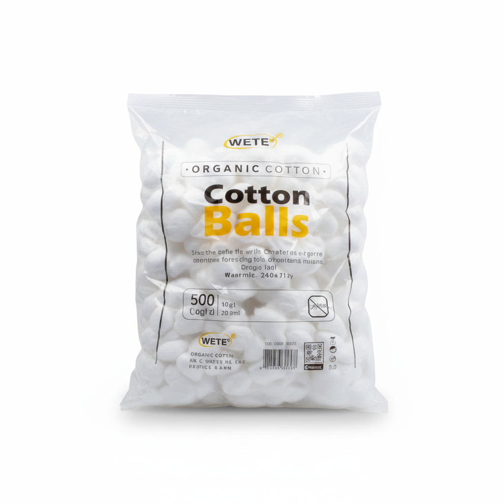 WETE Organic Cotton Balls 500 count pack - white cotton balls in clear resealable bag with yellow and black branding label