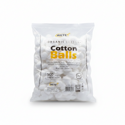 WETE Organic Cotton Balls 500 count pack - white cotton balls in clear resealable bag with yellow and black branding label