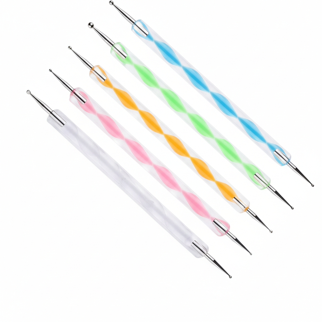 Five transparent colored art dotting tools with dual-ended stainless steel tips in white, pink, yellow, green, and blue handles