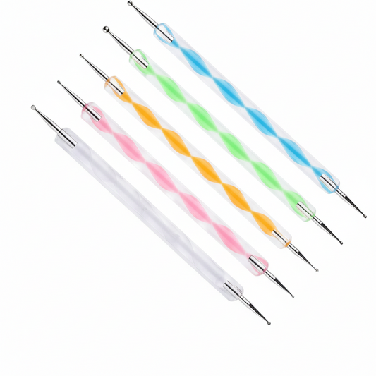 Five transparent colored art dotting tools with dual-ended stainless steel tips in white, pink, yellow, green, and blue handles