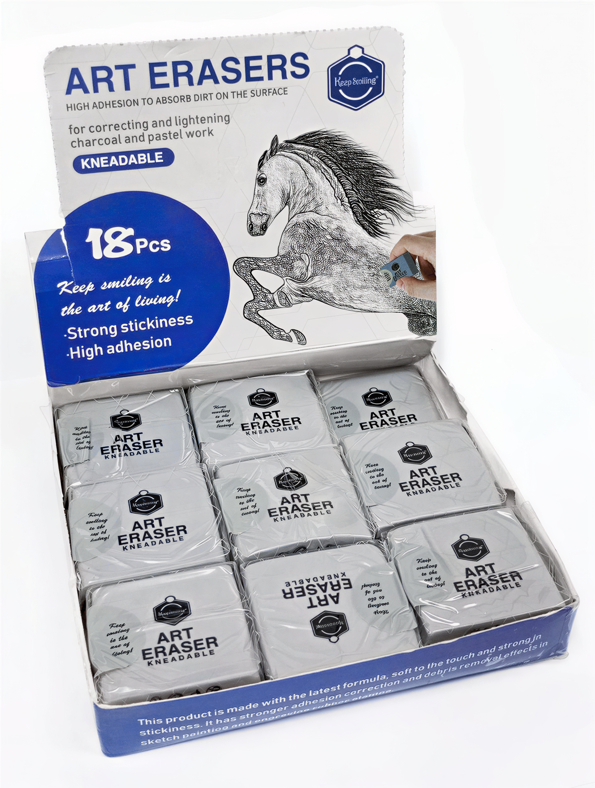 Keep Scrolling Art Eraser 6651 set of 18 white kneadable erasers with horse illustration on packaging