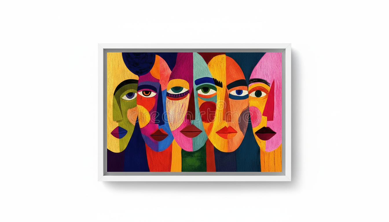 Art Features Multi colored pencil set displaying five abstract painted faces in vibrant yellows, oranges, reds, blues, teals, and pinks with expressive features