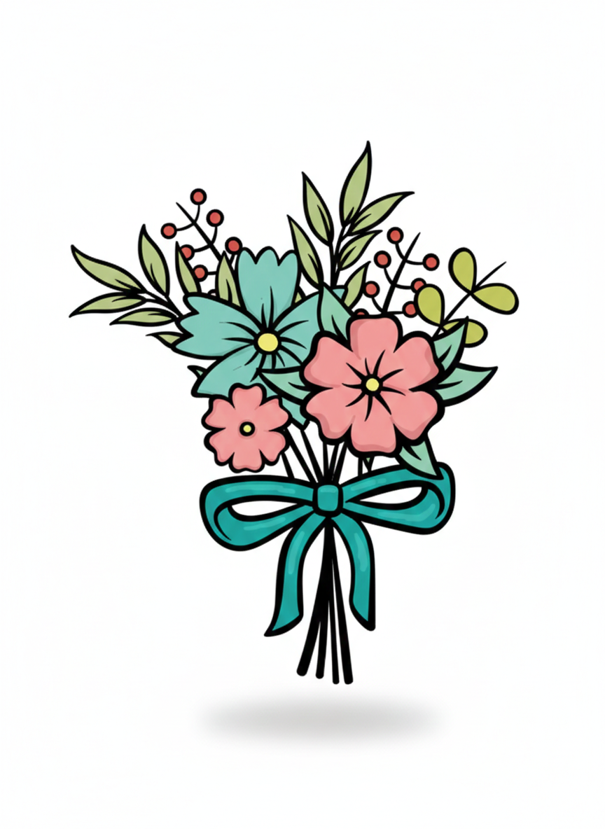 Art Flowers Fomic floral bouquet illustration featuring turquoise and coral pink flowers, green leaves, berry stems, and teal ribbon bow