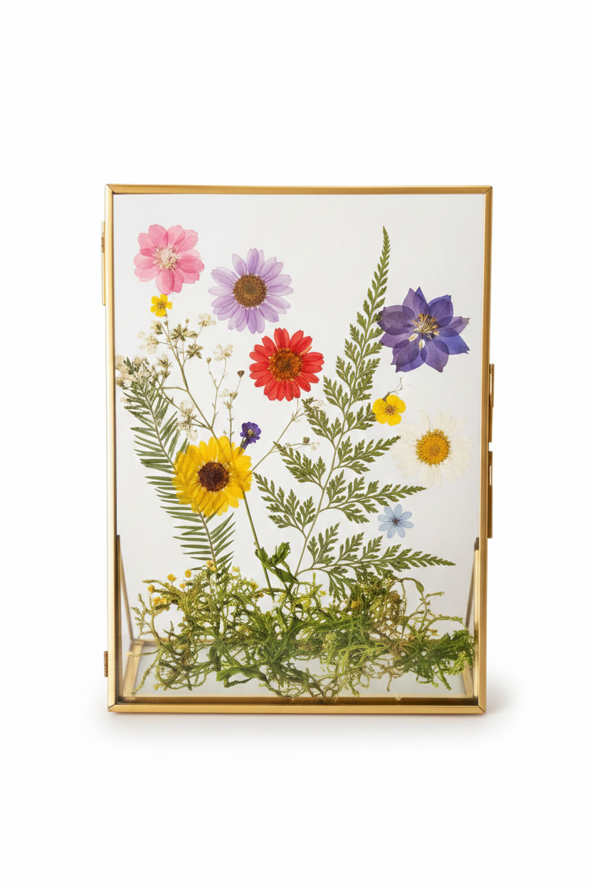 Art Flowers Pressed - framed botanical display with pink, purple, red, and yellow pressed flowers, green foliage, and ferns in brass-bordered glass frame
