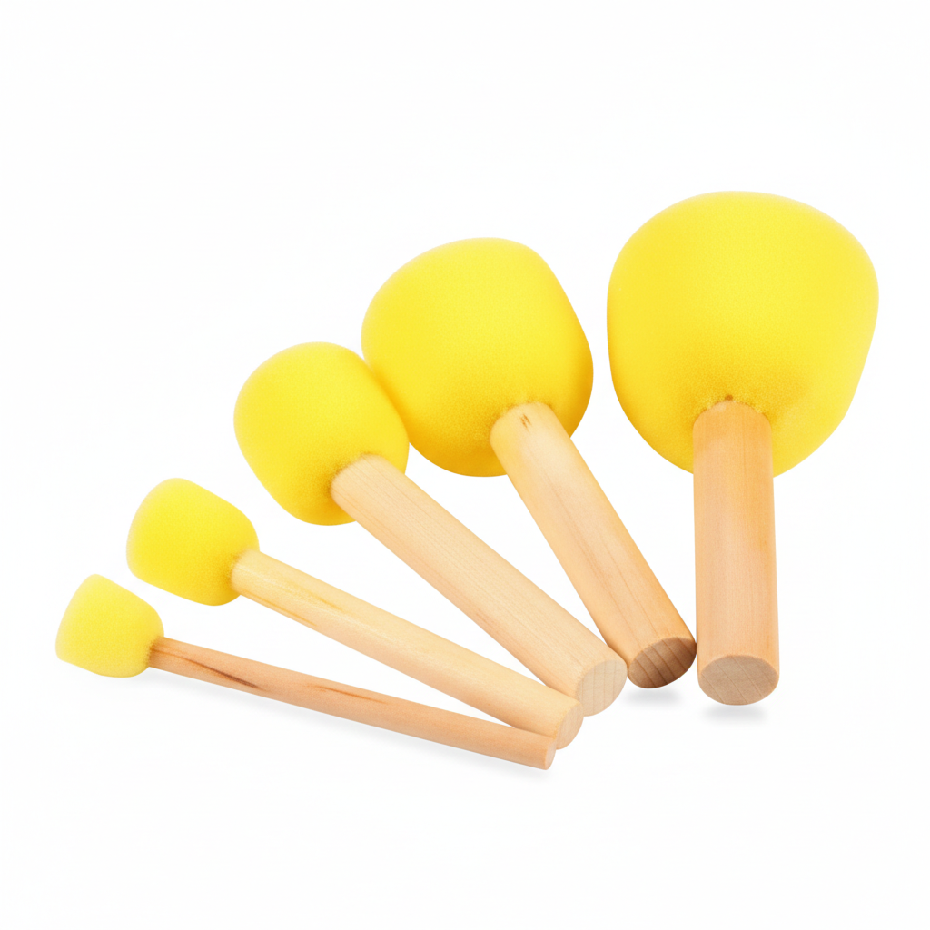 Five foam brushes in graduated sizes with yellow foam heads and natural wooden handles arranged in ascending order on white background