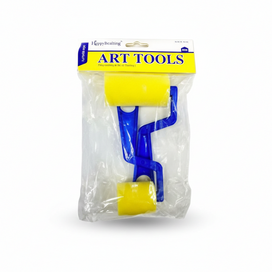 HappyBeatting Art Foam Roller 2-piece set with blue handle and two yellow foam roller covers in clear retail packaging