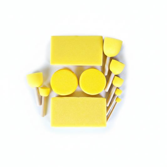 Art Foam Sponge 2-Piece Set featuring two yellow foam sponges with wooden handles, arranged with various sizes displayed on white background