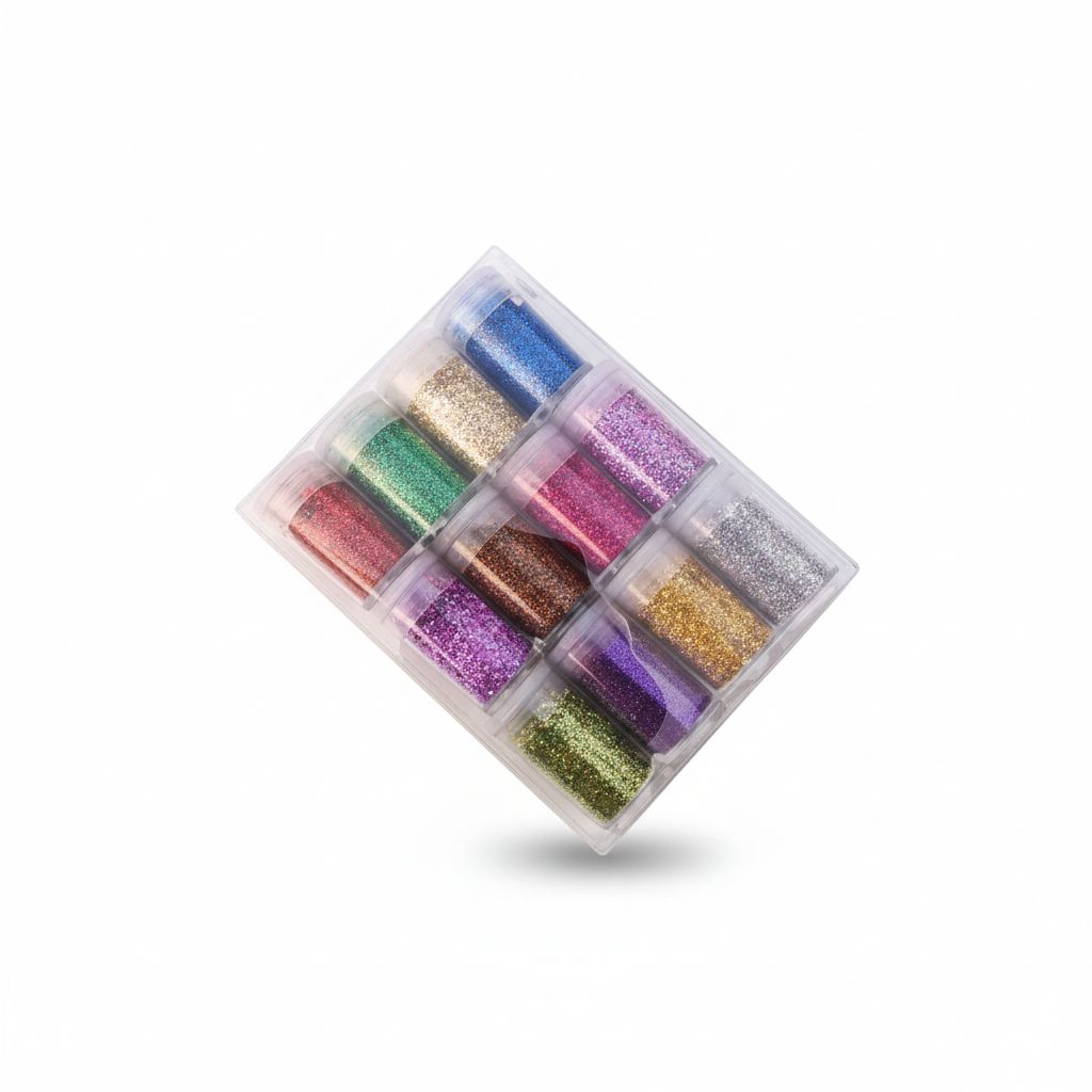 Art Glitter Powder Set - 12 colorful glitter containers in clear plastic organizer case displaying blue, gold, red, green, purple, pink, and silver