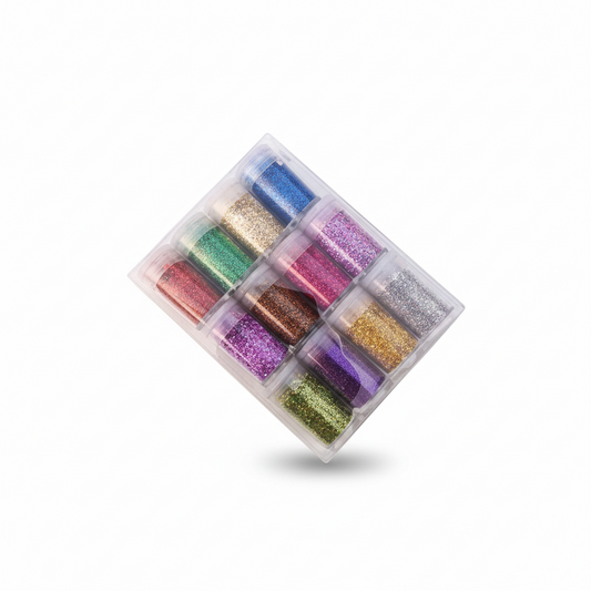 Art Glitter Powder Set - 12 colorful glitter containers in clear plastic organizer case displaying blue, gold, red, green, purple, pink, and silver