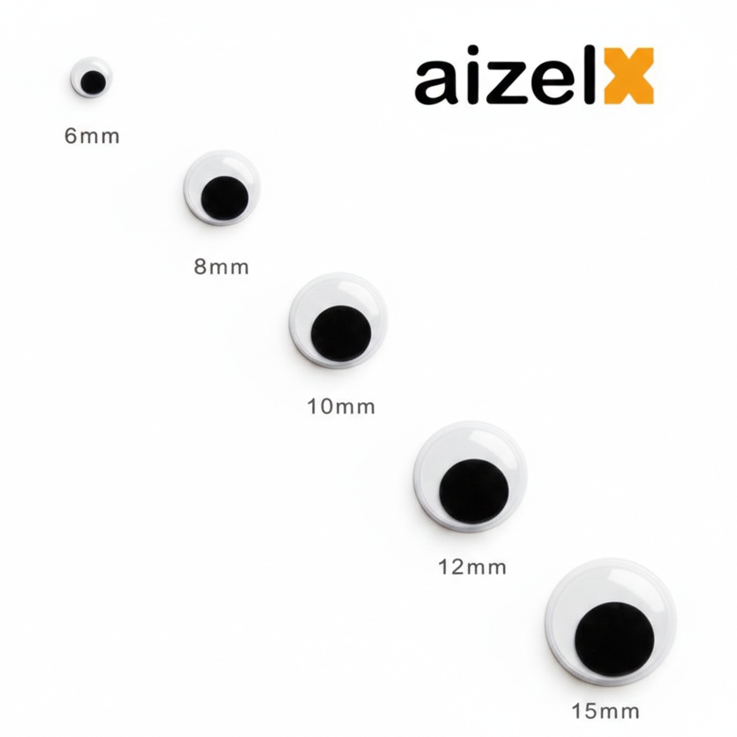 Aizel X Art Googli Eyes BW 01 assortment showing 5 black and white googly eyes sizes: 6mm, 8mm, 10mm, 12mm, and 15mm with self-adhesive backing