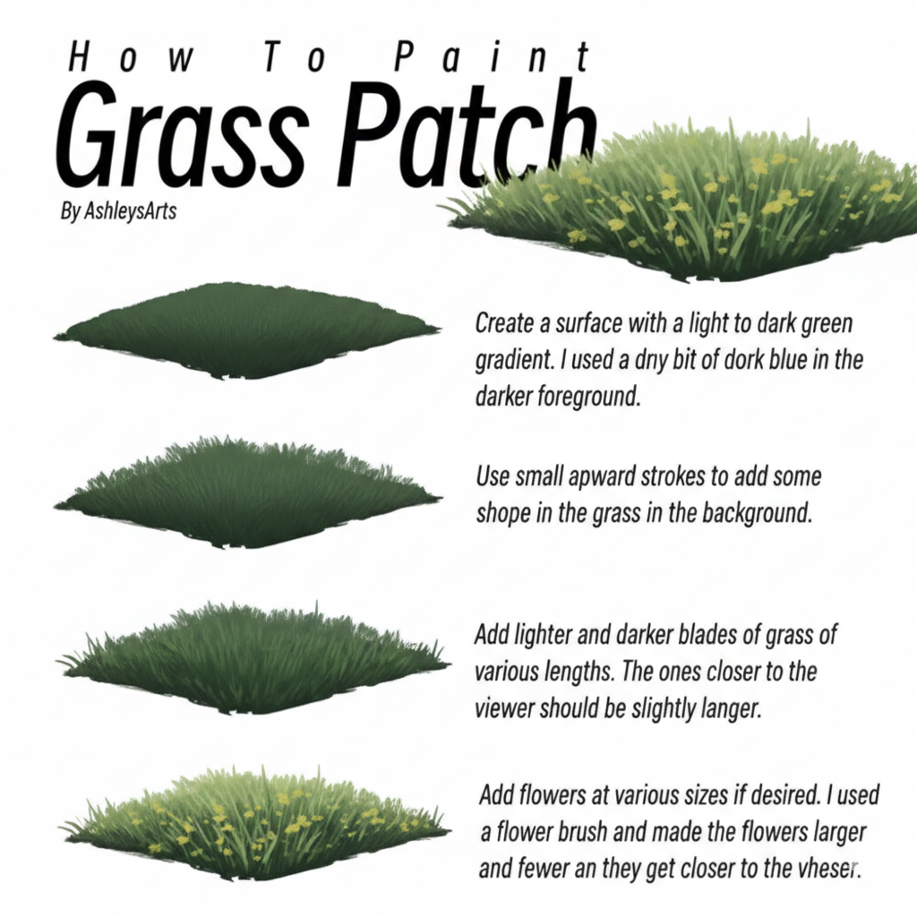 Art Grass tutorial showing 5 progressive steps of digital grass painting, from simple green shapes to detailed textured grass with flowers by AshleysArts
