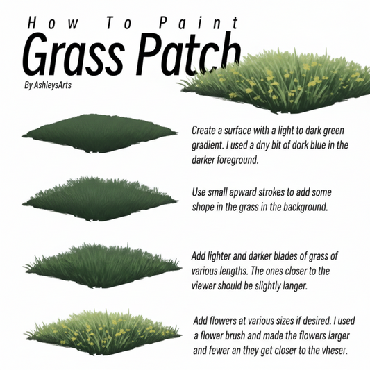Art Grass tutorial showing 5 progressive steps of digital grass painting, from simple green shapes to detailed textured grass with flowers by AshleysArts