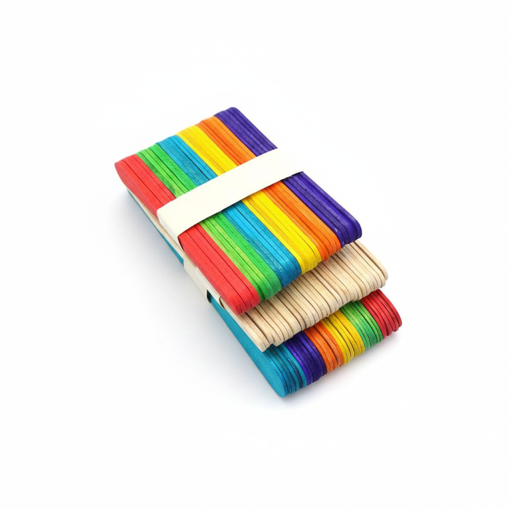Stacked bundles of colorful craft sticks in red, green, blue, yellow, orange, purple and natural wood, tied with white and cream bands.