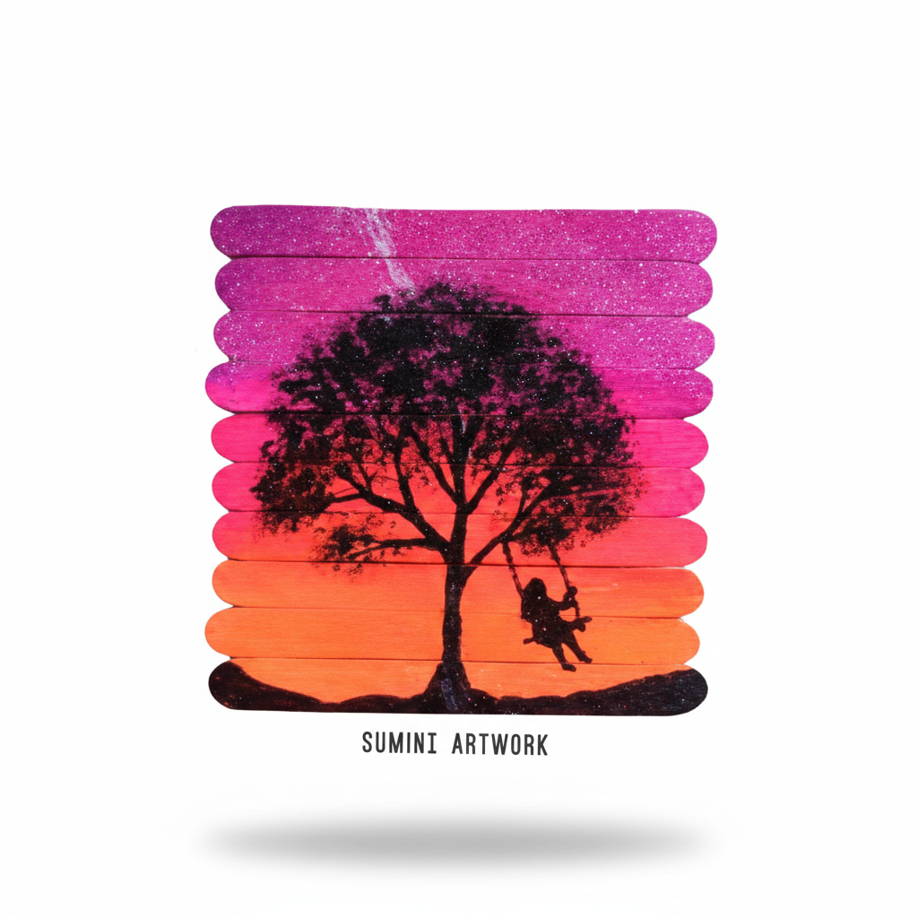 Art Ice Sticks Colored S - assorted glitter popsicle sticks featuring magenta, pink, orange gradient colors with silhouette tree design artwork