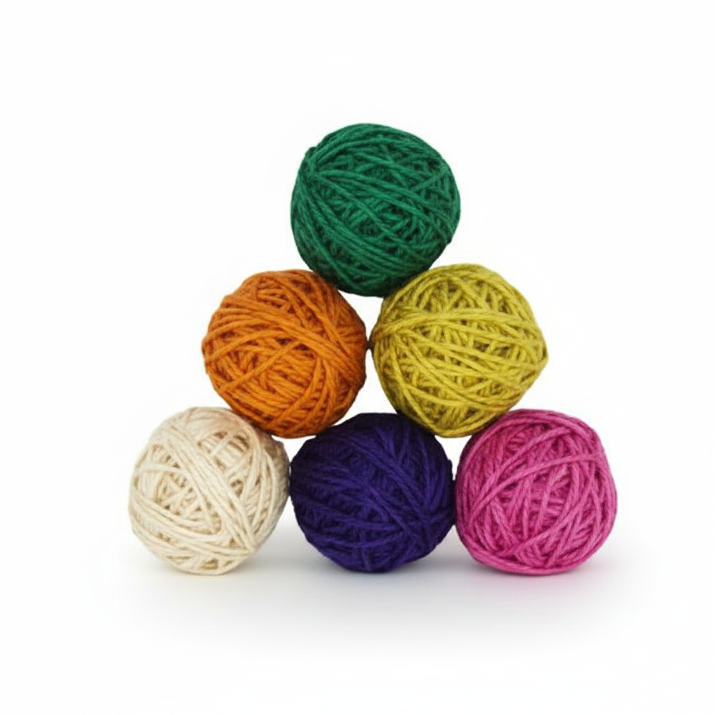 Six large colorful jute balls arranged in pyramid - cream, orange, green, yellow, navy blue, and pink twine