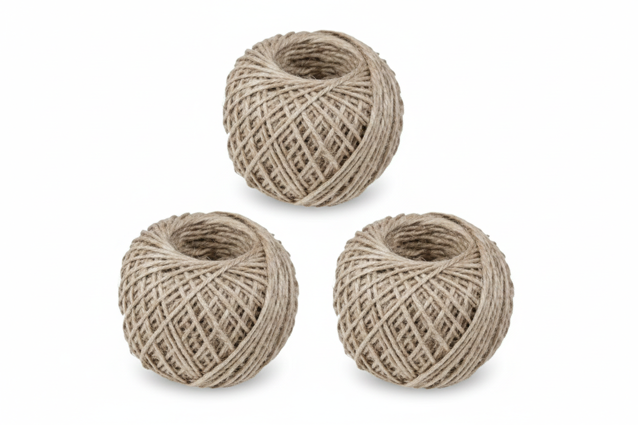 Three balls of Art Jute Gola Simple Large natural beige jute twine rope, tightly wound and displayed on white background