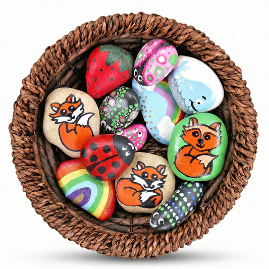 Art Pebbles set showing 15+ hand-painted decorative stones in woven basket with designs of foxes, ladybugs, whales, rainbows, and colorful patterns