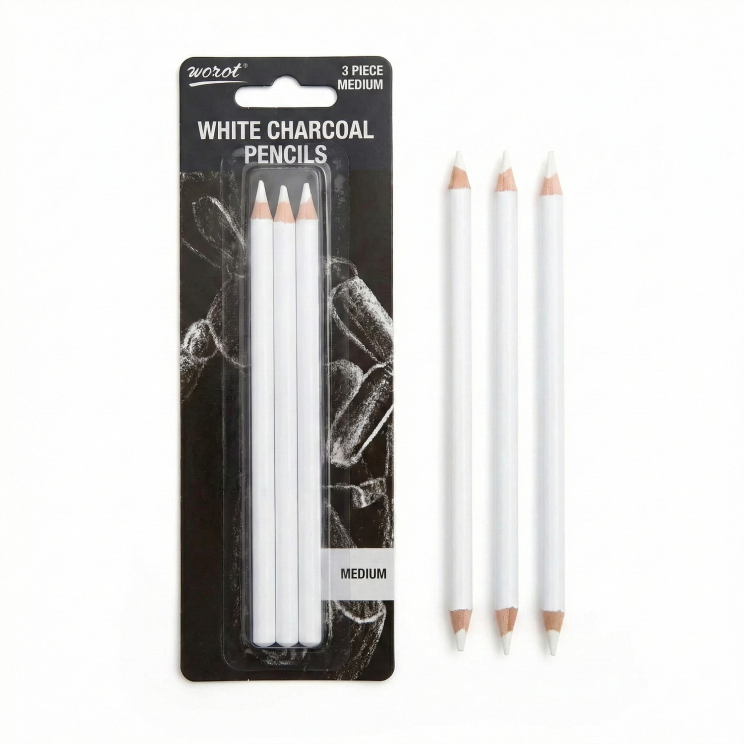 Worot 3 piece medium white charcoal pencils set displayed in packaging and loose, showing sharpened pencils with white barrels and charcoal tips.