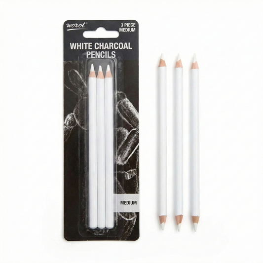Worot 3 piece medium white charcoal pencils set displayed in packaging and loose, showing sharpened pencils with white barrels and charcoal tips.