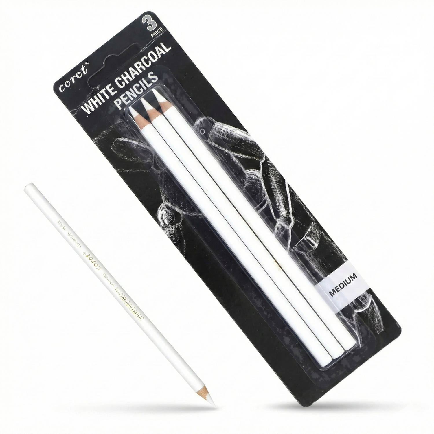 Colorart White Charcoal Pencils 3-piece medium set with one pencil displayed outside black packaging showing white charcoal tips