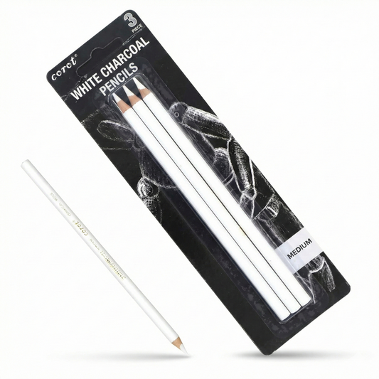 Colorart White Charcoal Pencils 3-piece medium set with one pencil displayed outside black packaging showing white charcoal tips