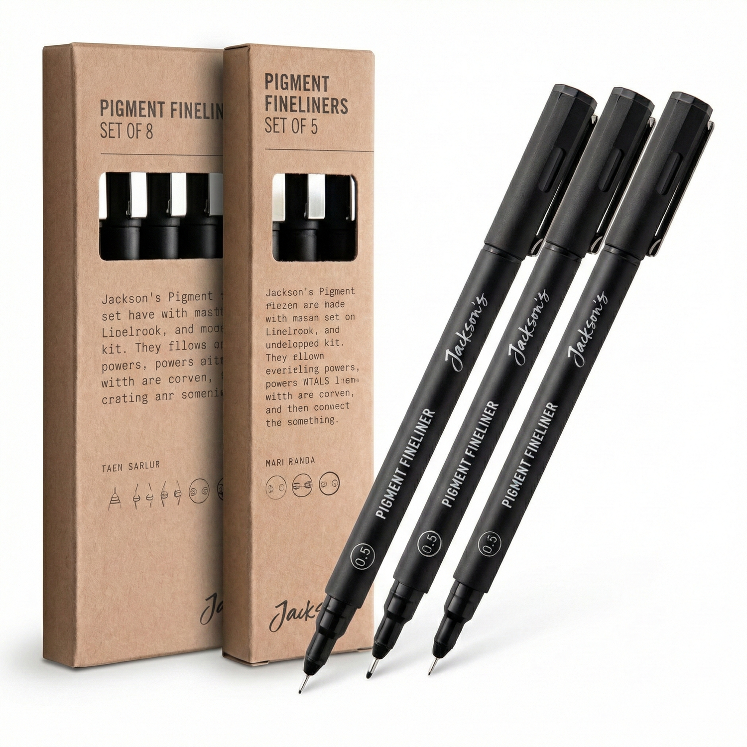 Jackson's Pigment Fineliners Set of 5 - Three black fine-tip pens with waterproof pigment ink displayed next to two kraft packaging boxes