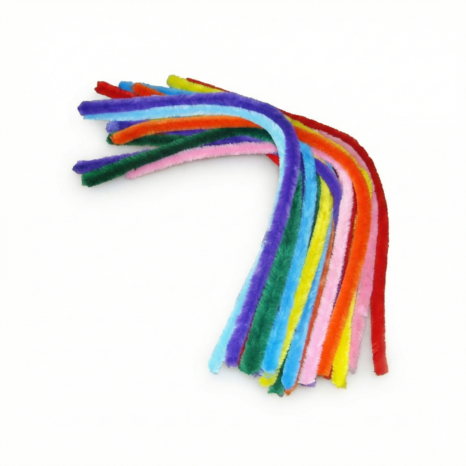 25 colorful art pipe cleaners in rainbow colors including red, orange, yellow, green, blue, purple, and pink arranged in a curved display.