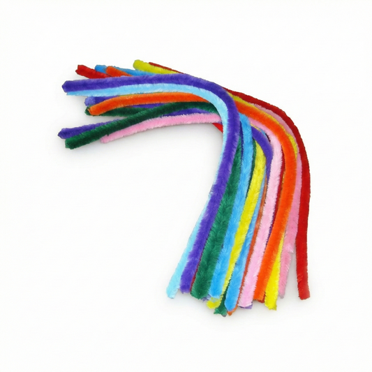 25 colorful art pipe cleaners in rainbow colors including red, orange, yellow, green, blue, purple, and pink arranged in a curved display.