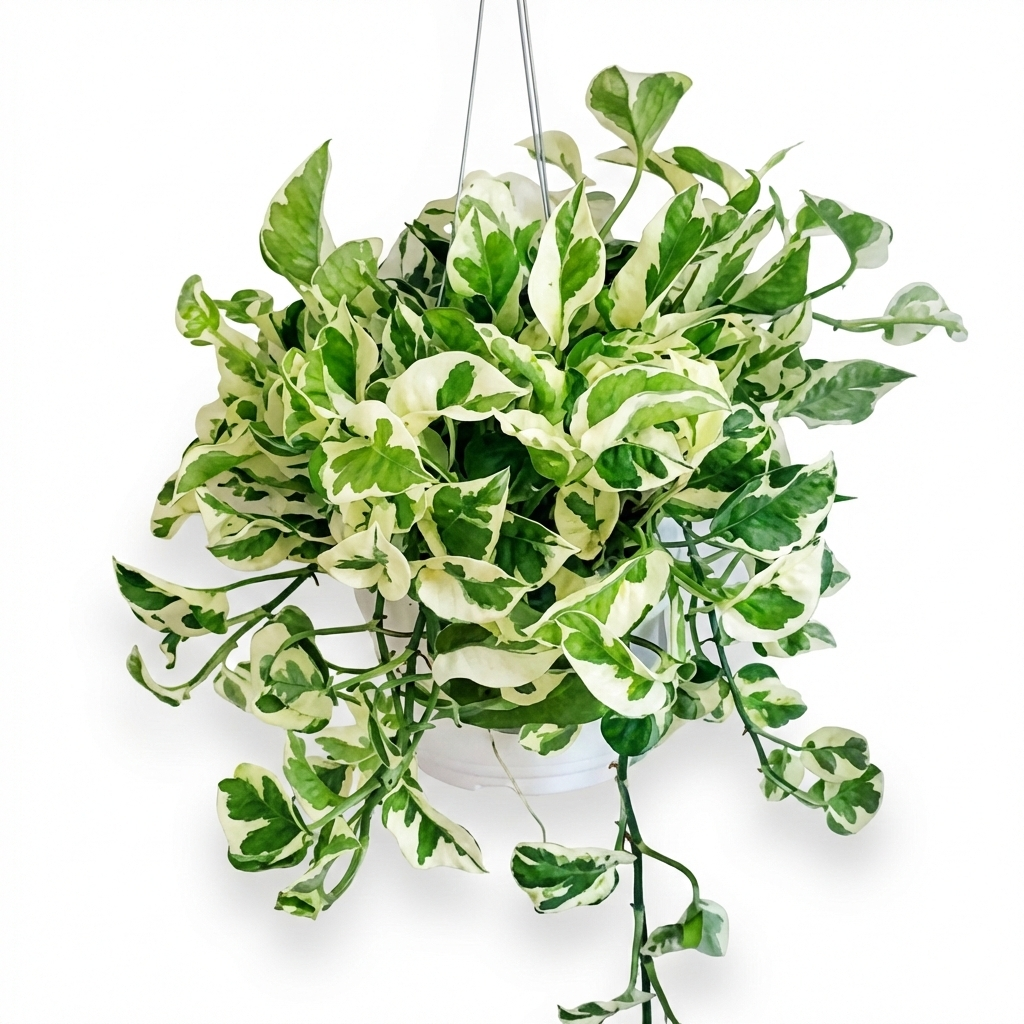 Art Plants variegated pothos hanging plant with white and green leaves in ceramic pot with hanging hardware