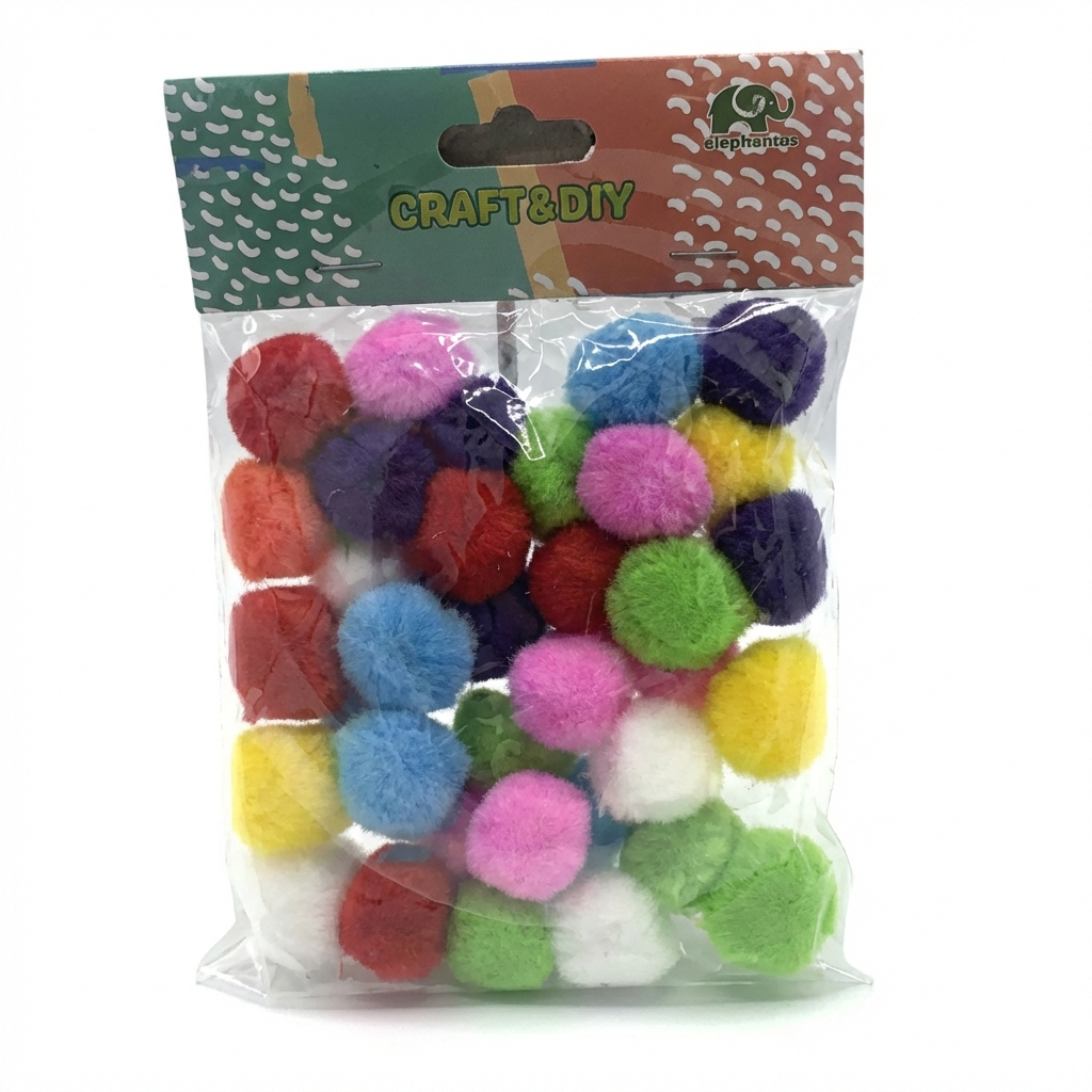 Elephantas Art Pom Pom assorted craft set containing 40 fluffy pom poms in multiple vibrant colors including red, pink, purple, blue, yellow, green, and white in clear resealable packaging.