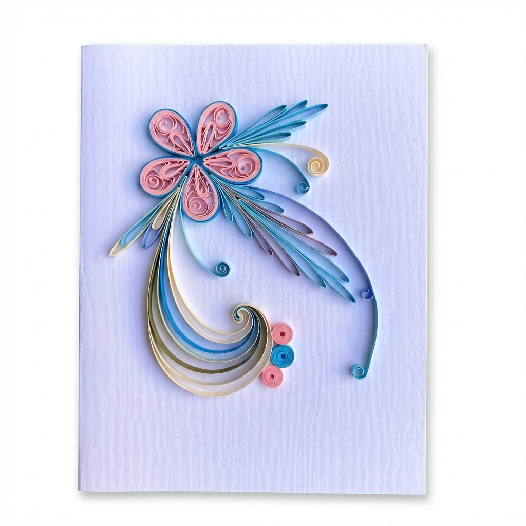 Art Quilling Paper set featuring pink flower design with blue and cream rolled paper strips on light purple background, decorative quilling artwork example