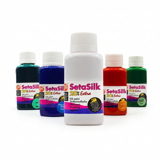 Seta Silk 20% Extra gik point fabric paint set featuring 5 bottles in teal, blue, white, red, and green with white screw-top caps