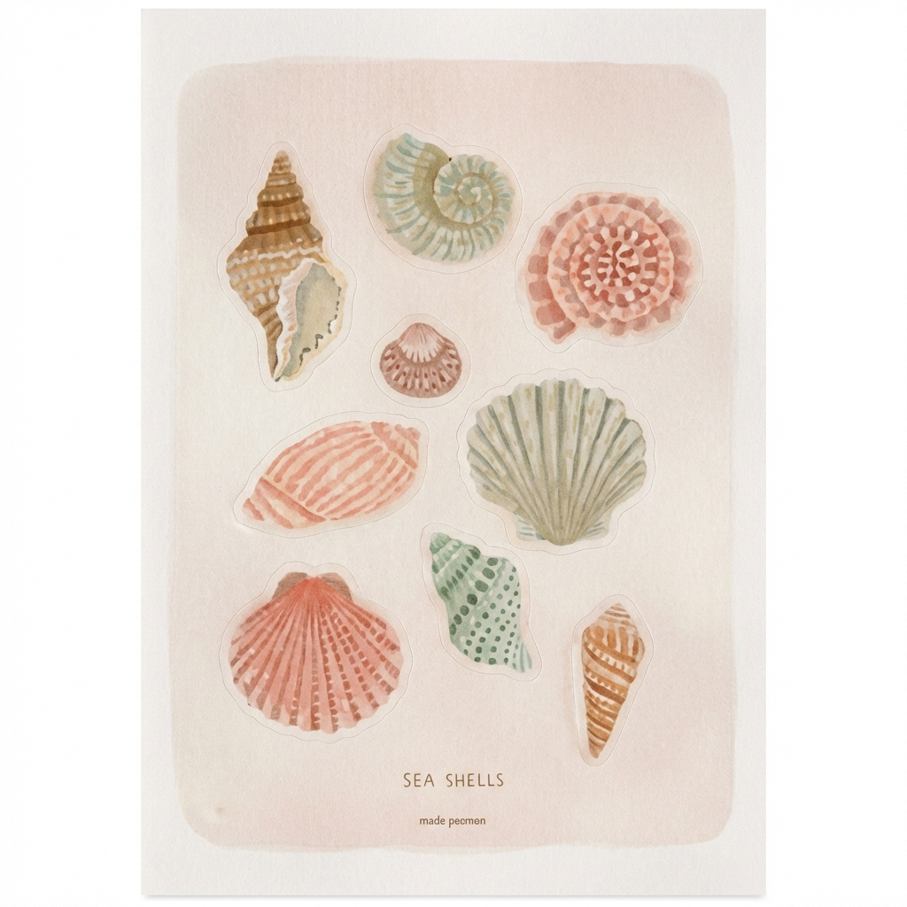 Made Pæmoen Sea Shells art print featuring 10+ illustrated seashell specimens in watercolor, including spiral shells, fan shells, and mollusks on cream background