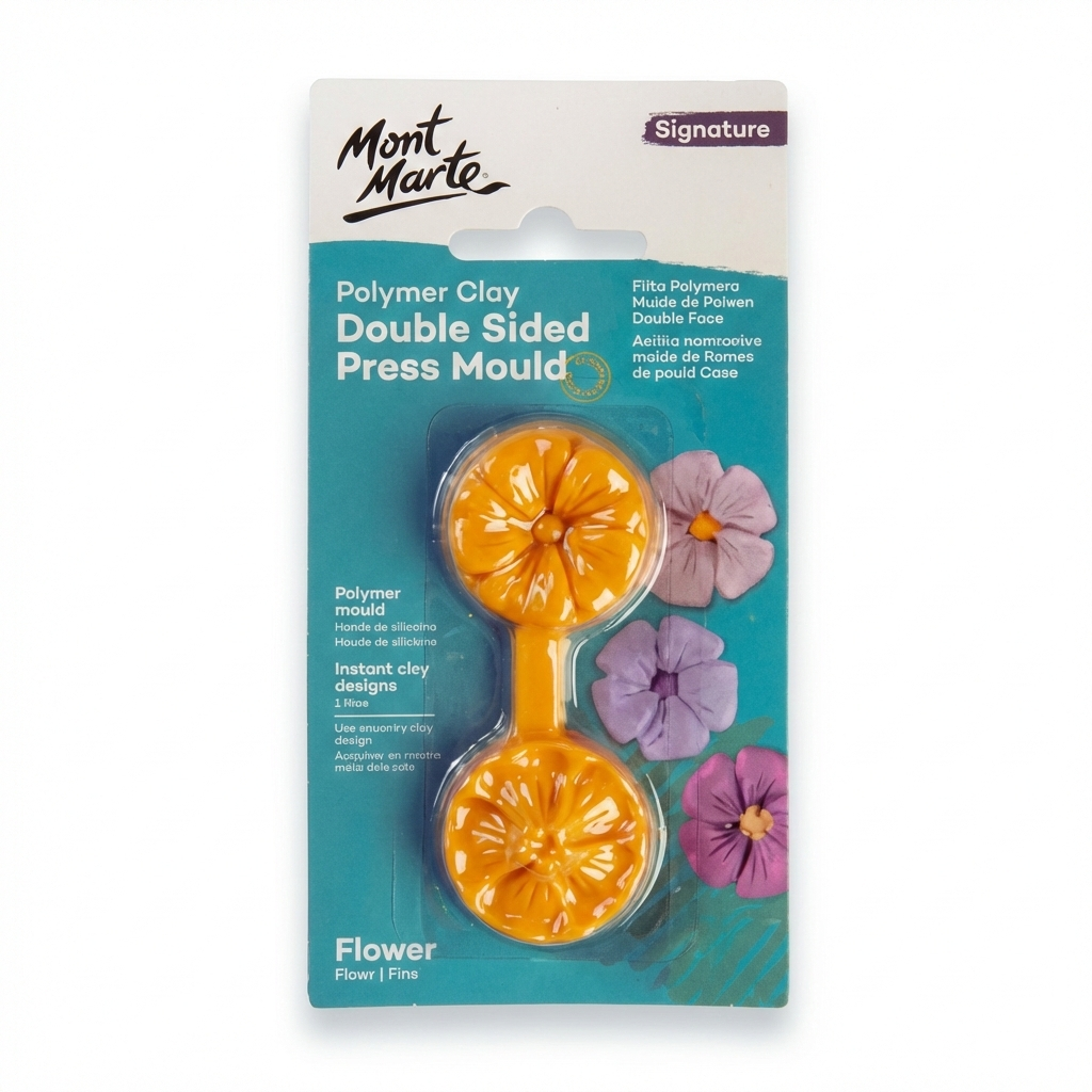 Mont Marte Signature Polymer Clay Double Sided Press Mould in golden orange with flower design, shown on turquoise packaging with sample clay flowers in purple and pink