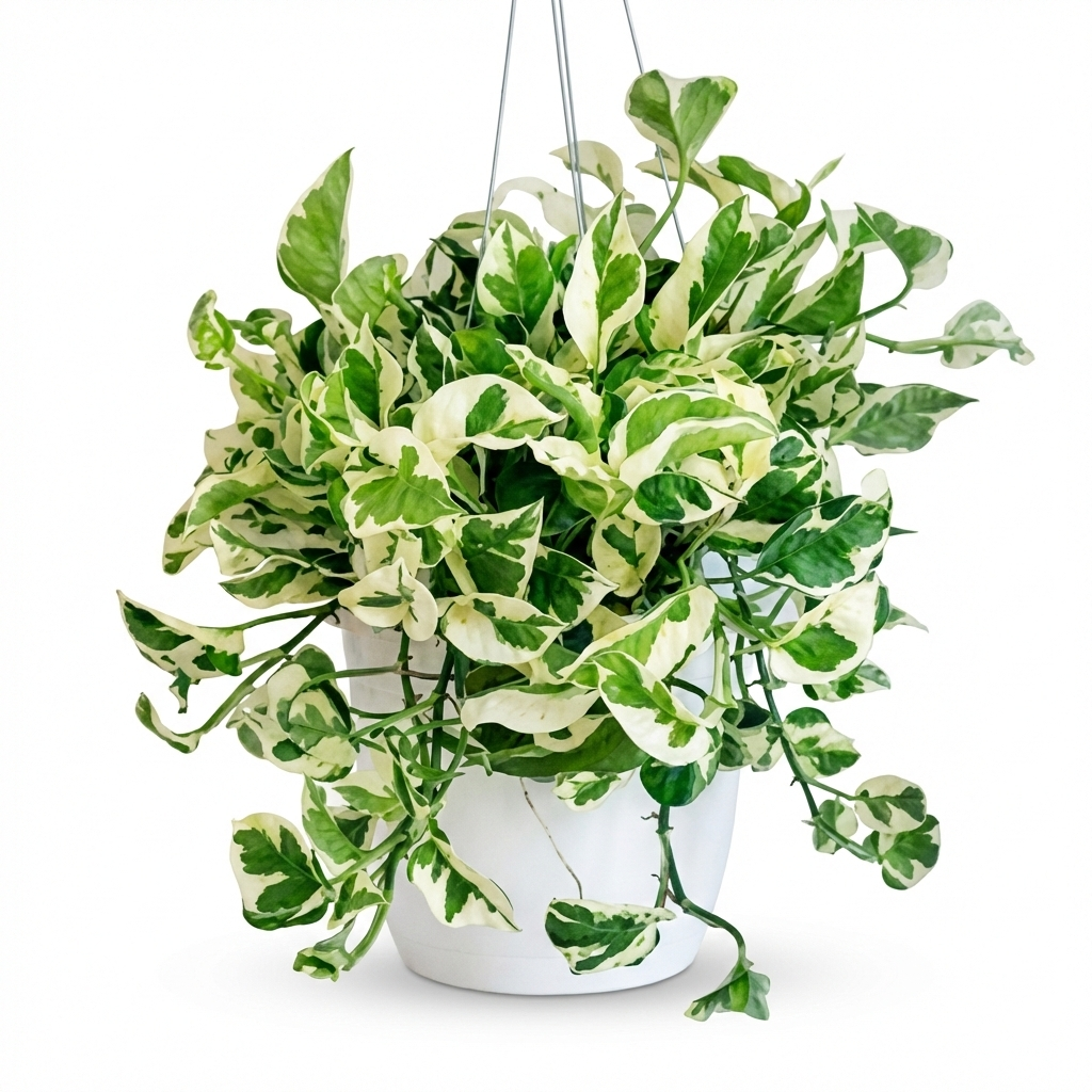Art Sparrow Variegated Pothos hanging plant with lush green and cream-white variegated trailing vines in white ceramic pot with hanging strings