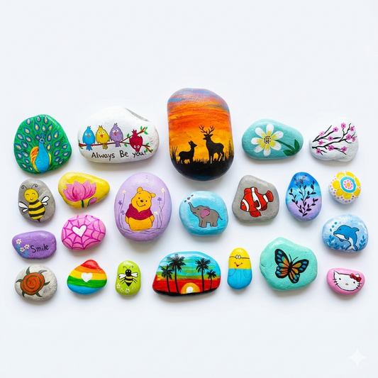 Collection of 25+ hand-painted decorative art stones featuring colorful designs: peacocks, butterflies, flowers, animals, and motivational messages on turquoise, purple, pink, and white stones.