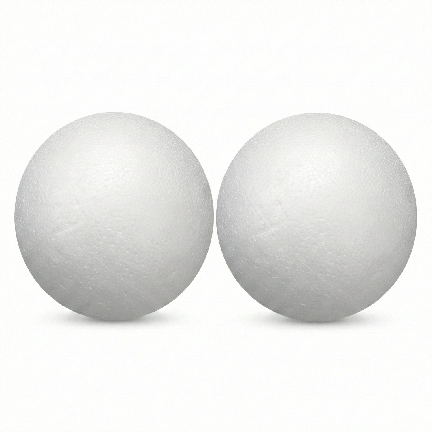 Two white polystyrene 100mm thermo balls displayed side by side on white background, smooth finish, perfect for art and craft projects