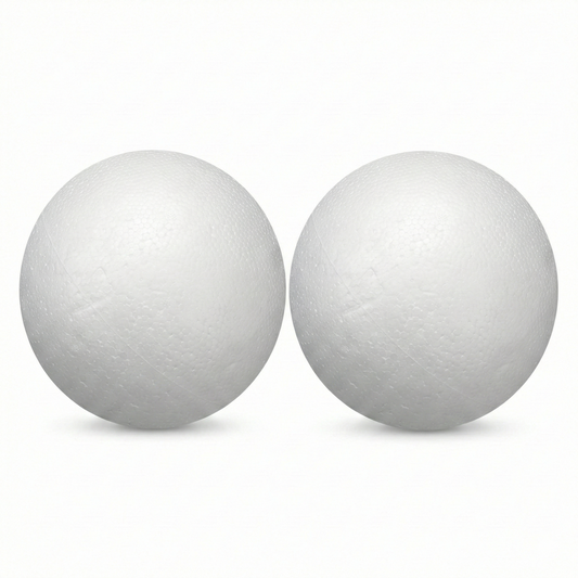 Two white polystyrene 100mm thermo balls displayed side by side on white background, smooth finish, perfect for art and craft projects