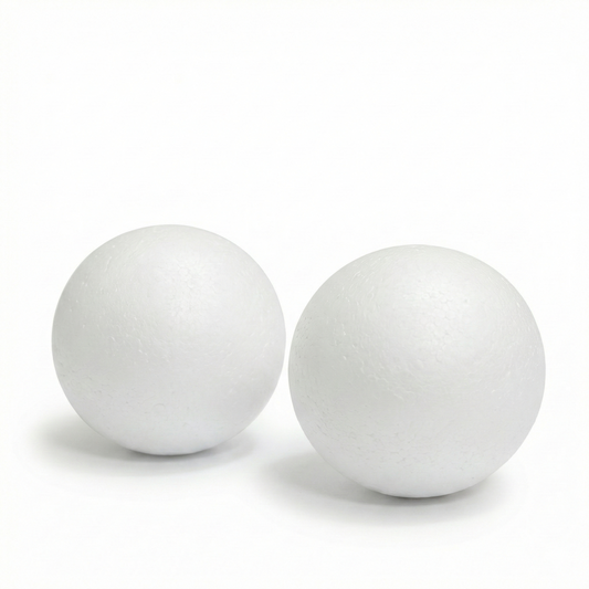 Two white polystyrene spheres (25mm thermo balls) displayed side by side on white background, showing smooth finish and round shape