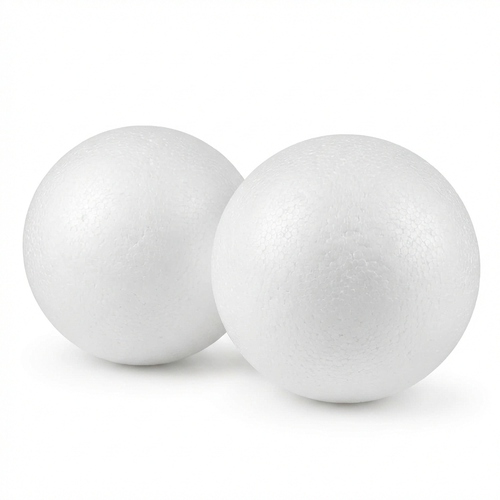 Two white polystyrene spheres, 50mm Art Thermo Balls from an 8-pack set, displayed on a white background