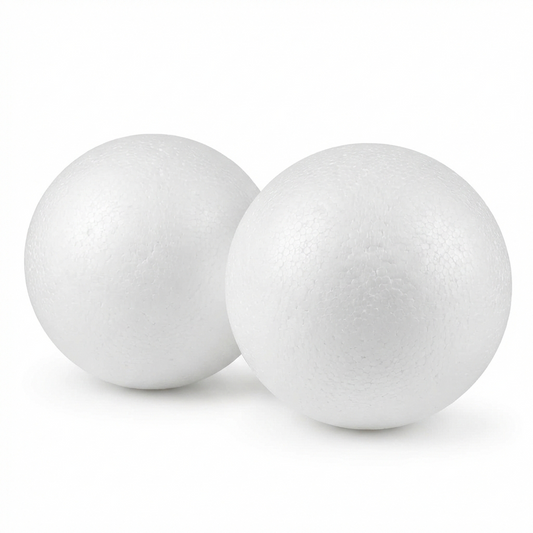 Two white polystyrene spheres, 50mm Art Thermo Balls from an 8-pack set, displayed on a white background
