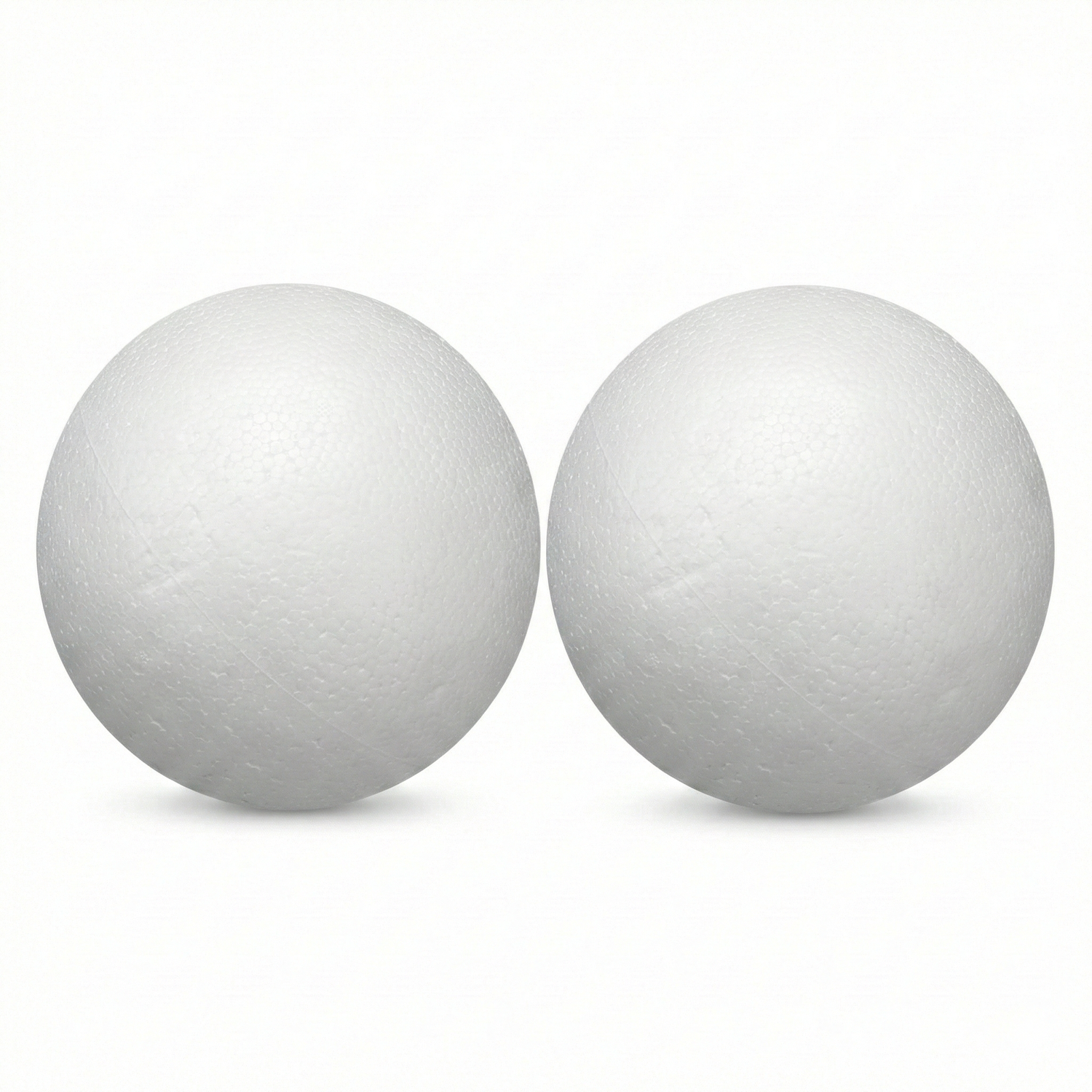 Two white polystyrene 80mm foam spheres displayed against a white background, showing smooth texture and perfect spherical shape
