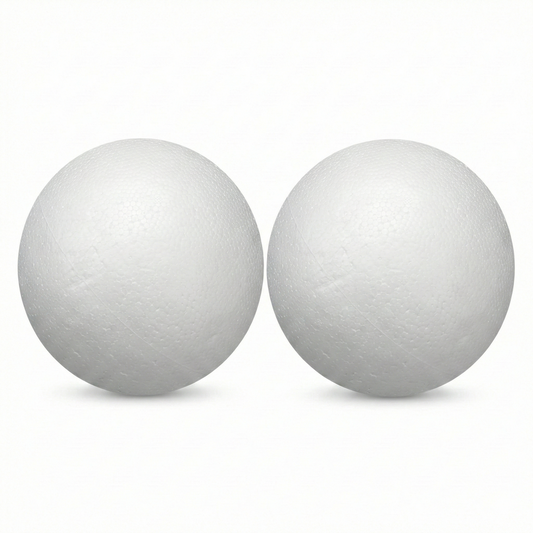 Two white polystyrene 80mm foam spheres displayed against a white background, showing smooth texture and perfect spherical shape