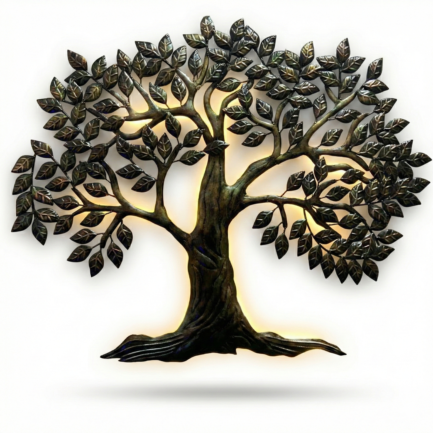 Art Tree metal wall sculpture with bronze-colored leaves and illuminated trunk, featuring warm LED backlighting against white background