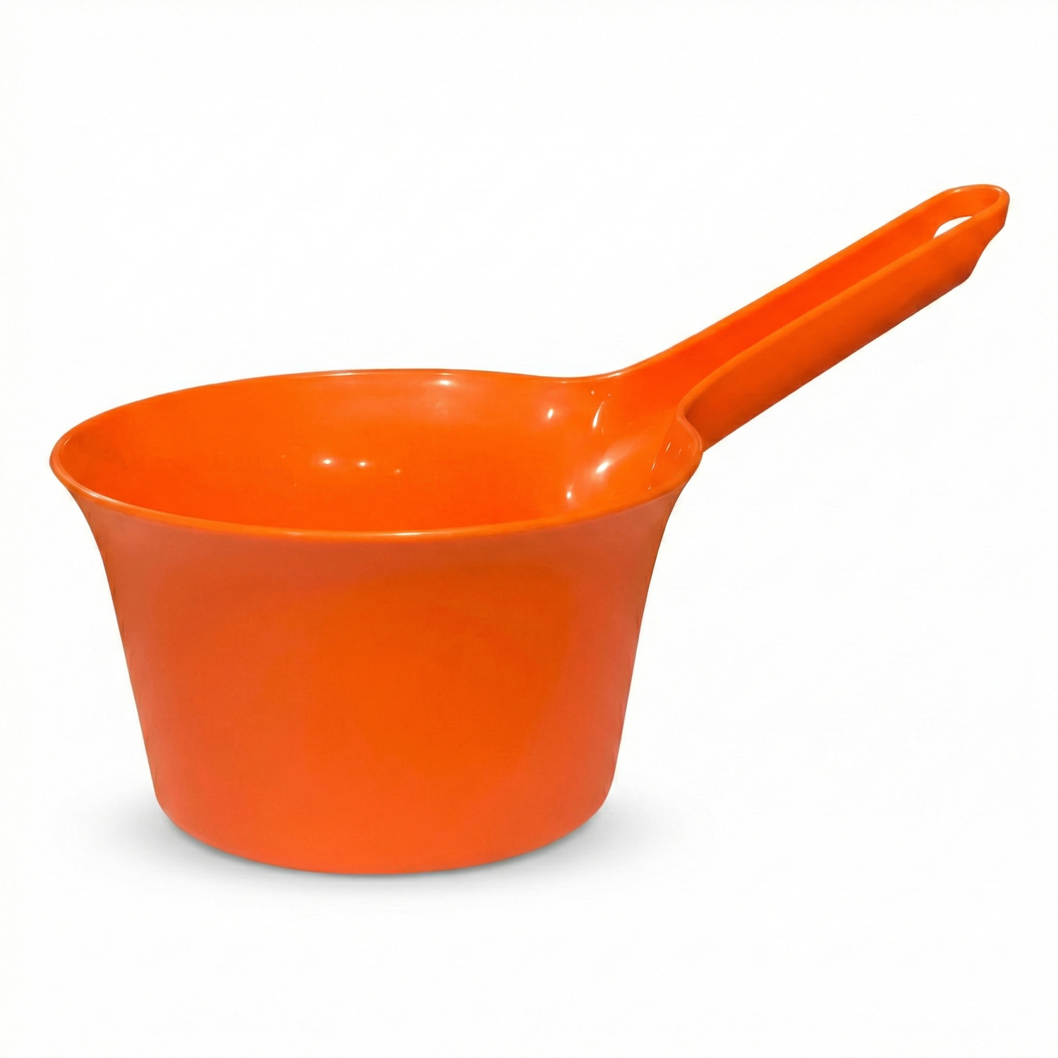 Orange plastic art water dipper with wide bowl and long handle, ideal for rinsing brushes during painting