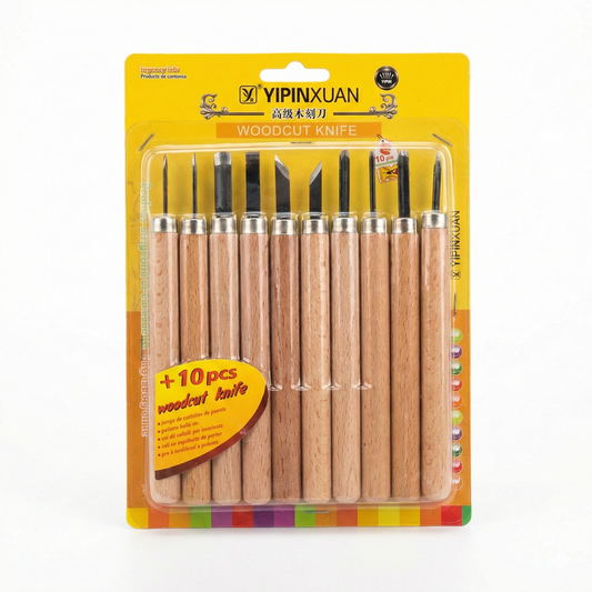 YIPINXUAN 10-piece wood carving knife set displaying sharp steel blades with wooden handles and metal ferrules on yellow packaging